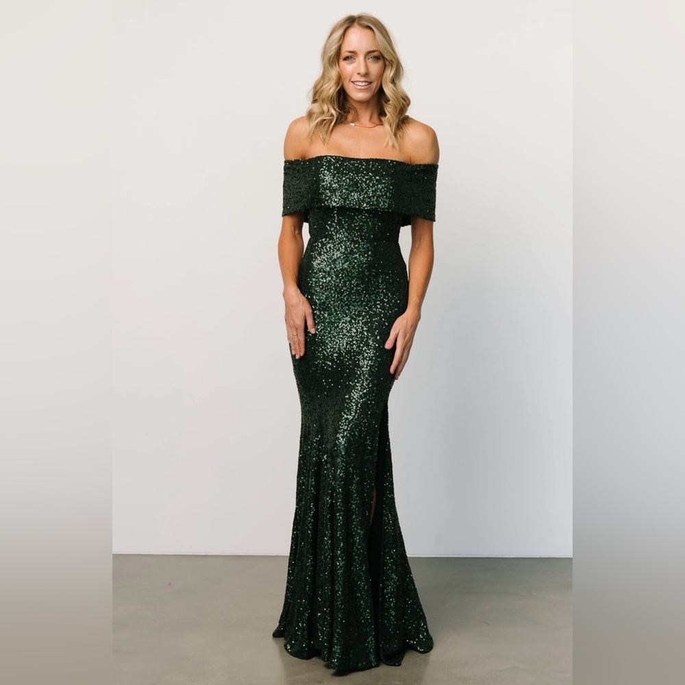 Baltic Born Yvonne off the shoulder sequin dress in green, small
